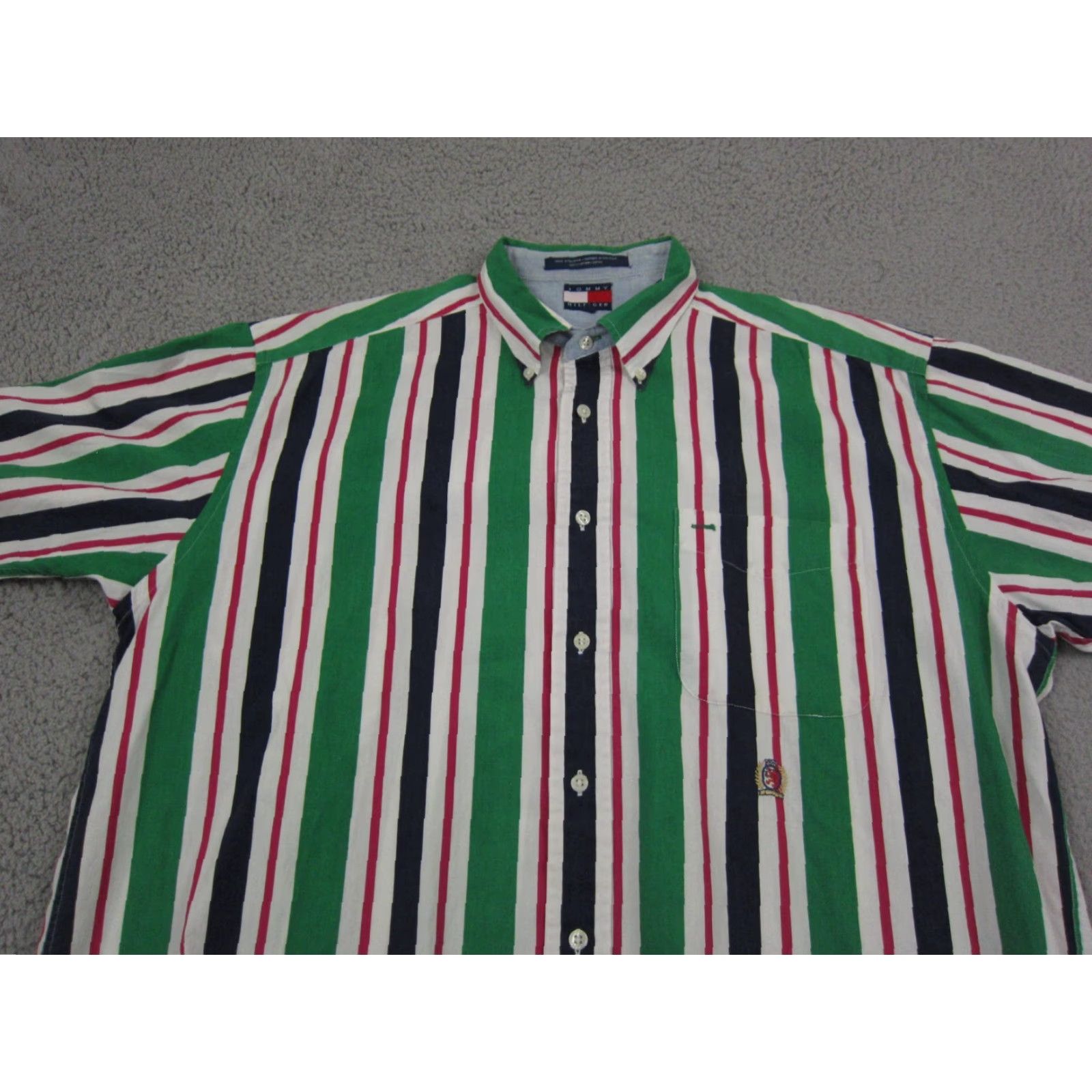 Tommy Hilfiger VINTAGE Tommy Hilfiger Shirt Mens Shirt Striped Button-Up 90s Green White Pink L Short Sleeve Collared Button-Down Casual 80s 90s Preppy Size US L / EU 52-54 / 3 - 2 Thumbnail