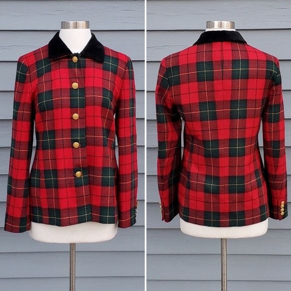 image of Vintage 90's Y2K Talbots Red Green Stuart Tartan Plaid Blazer in Red Plaid, Women's (Size Small)