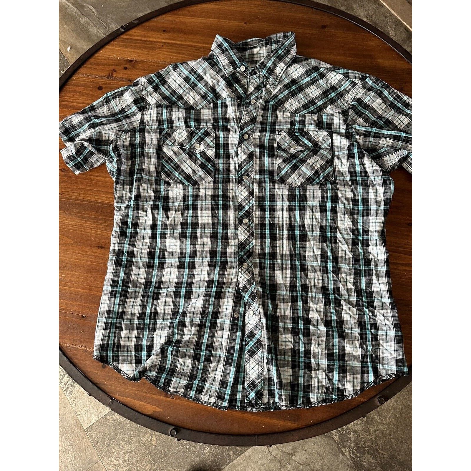 Wrangler WRANGLER Wrancher Shirt LR White/Black/Teal Plaid Pearl Snap Size US L / EU 52-54 / 3 - 2 Thumbnail