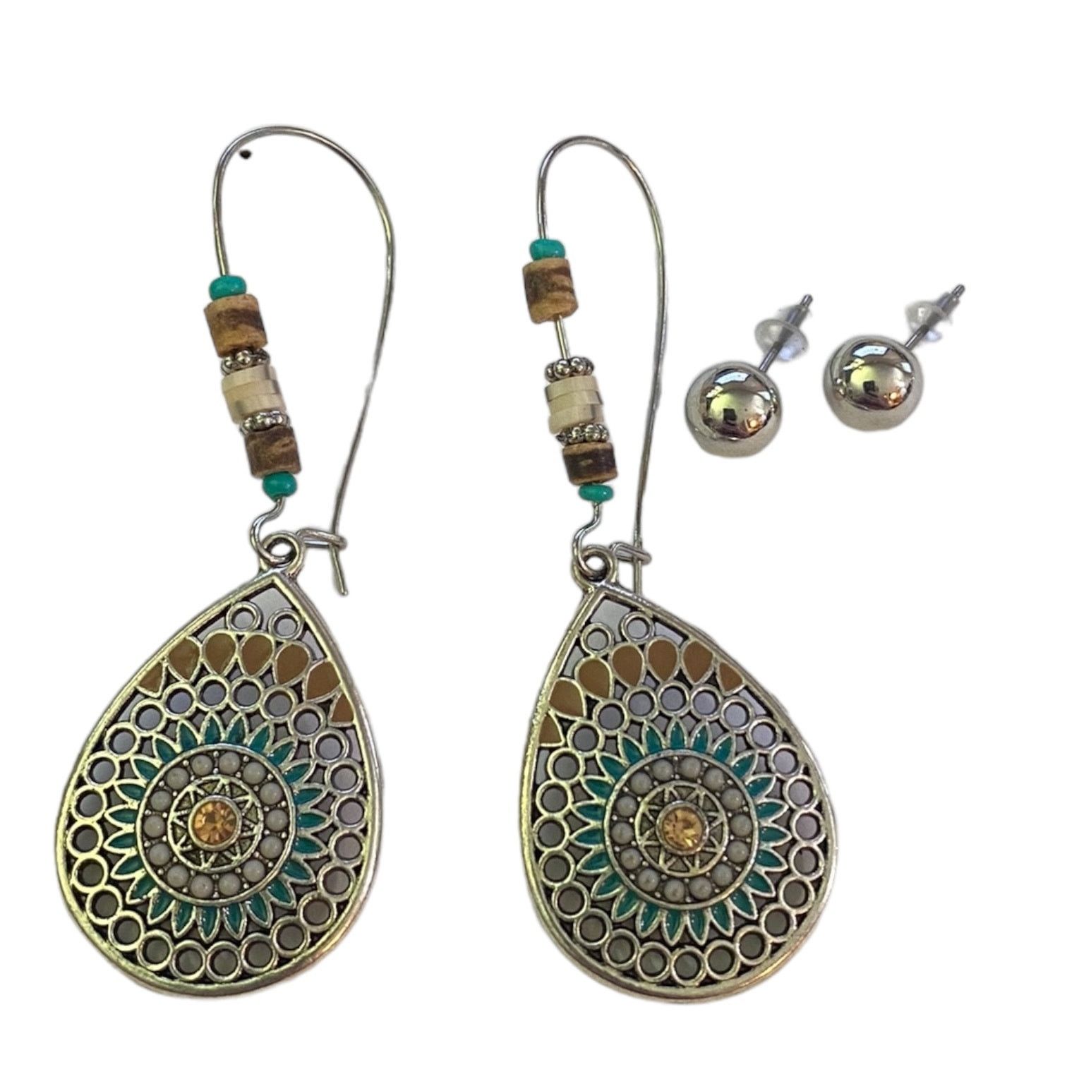 Other Silver Aztec Beaded Dangle Drop And Stud Earrings Set Size ONE SIZE - 1 Preview