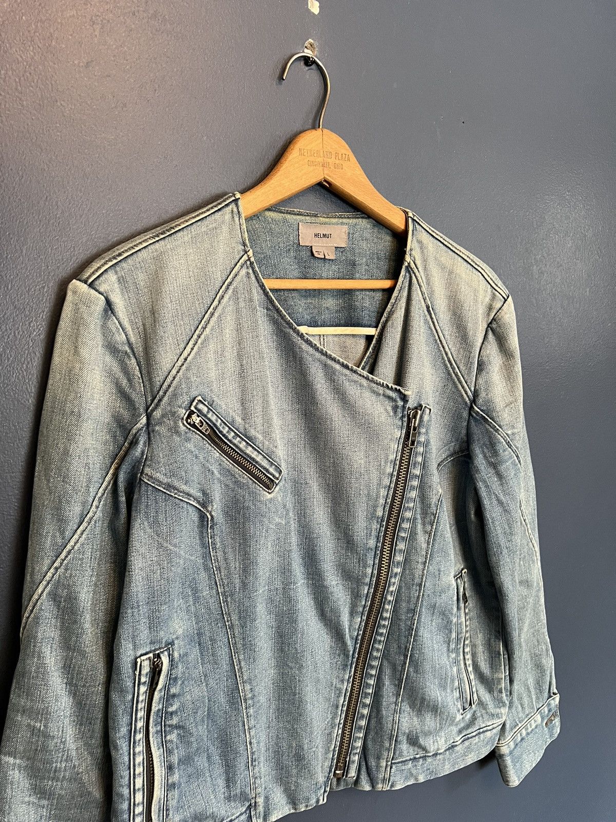 image of Helmut Lang Womens Rip Runway Denim Jacket Size Large in Blue