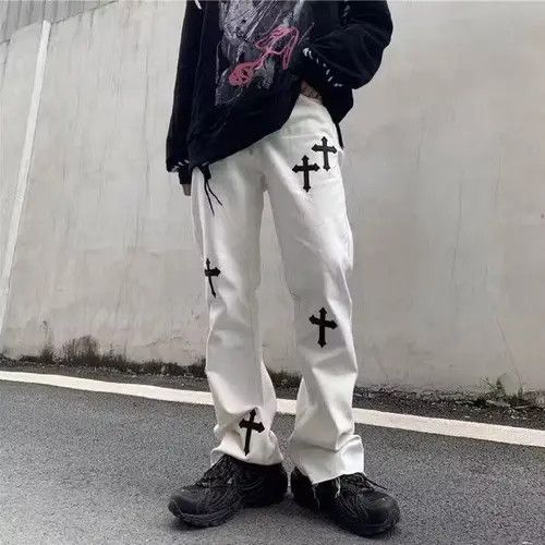 image of Vintage Punk Pants With Crosses in White, Men's (Size 32)