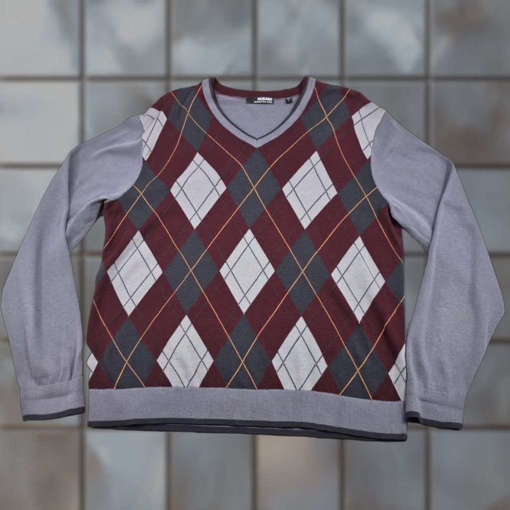 Murano Murano Mens Large Gray Burgundy Argyle V Neck Soft Cotton Knit Pullover Sweater Size US L / EU 52-54 / 3 - 1 Thumbnail