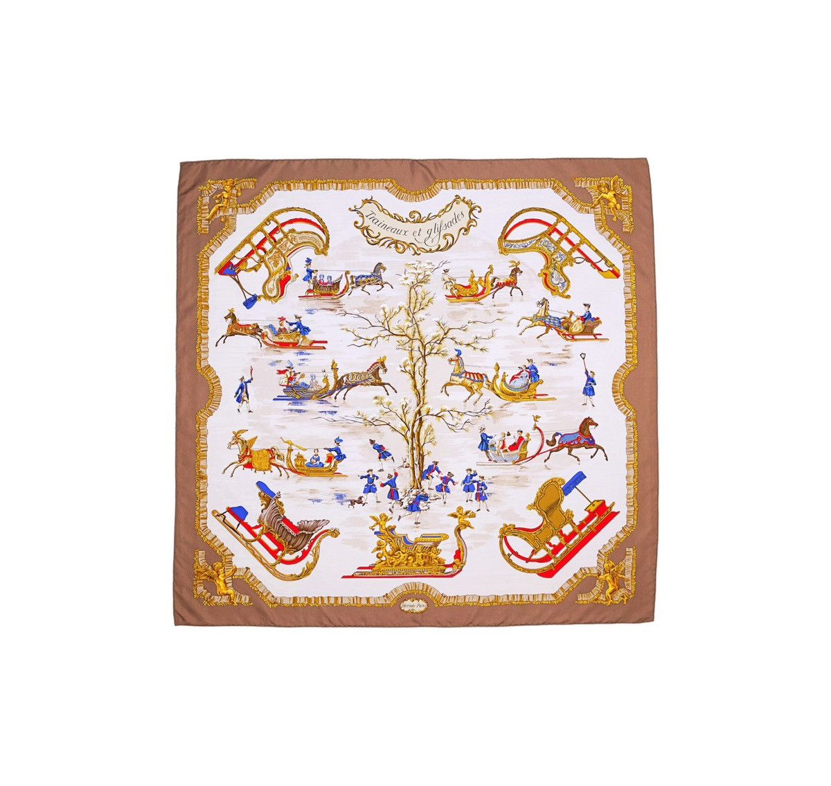 image of Hermes Carre 90 "traineaux Et Glissades" Silk Scarf Shawl in Brown, Women's