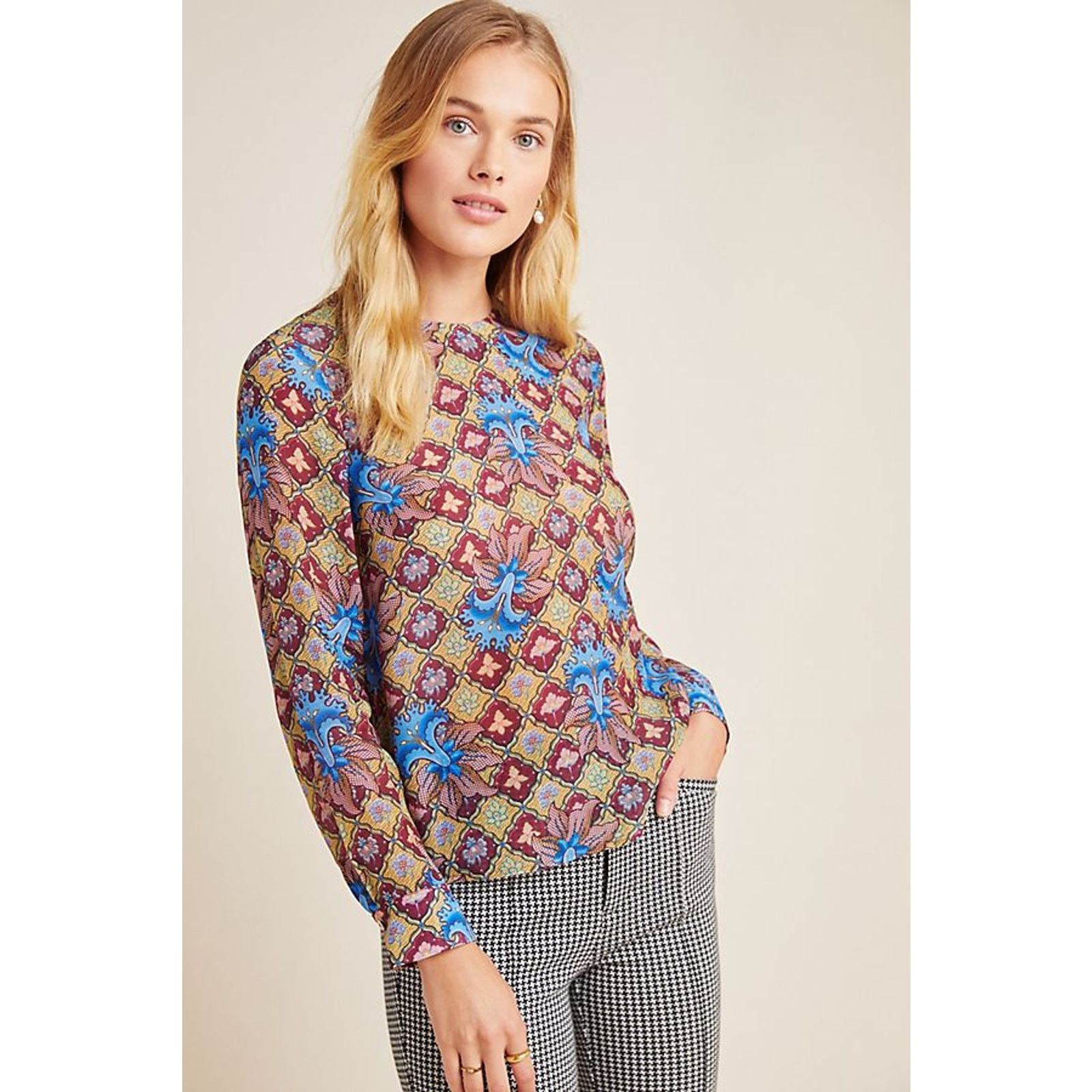 Anthropologie New Selene Geometric Long-Sleeve Blouse by TANVI KEDIA Size XS / US 0-2 / IT 36-38 - 1 Thumbnail