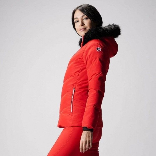 image of Fusalp Davai Racoon Fur Puffer Jacket in Red, Women's (Size Small)