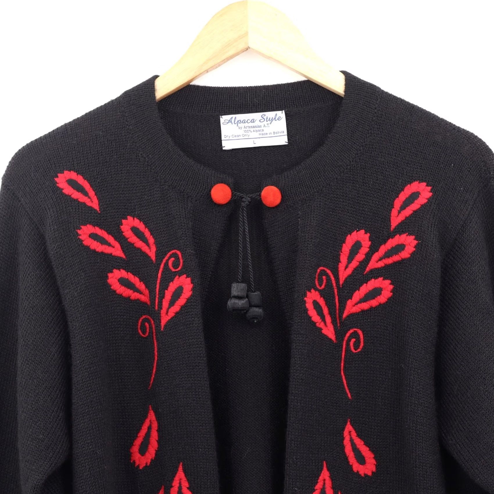 Vintage Artesanias A.T. Alpaca Embroidered Cardigan by Artesanias A.T. Women Red Black Sz L Cardigan Sweater Open Knit Lightweight Fall Winter Gift Size L / US 10 / IT 46 - 3 Thumbnail