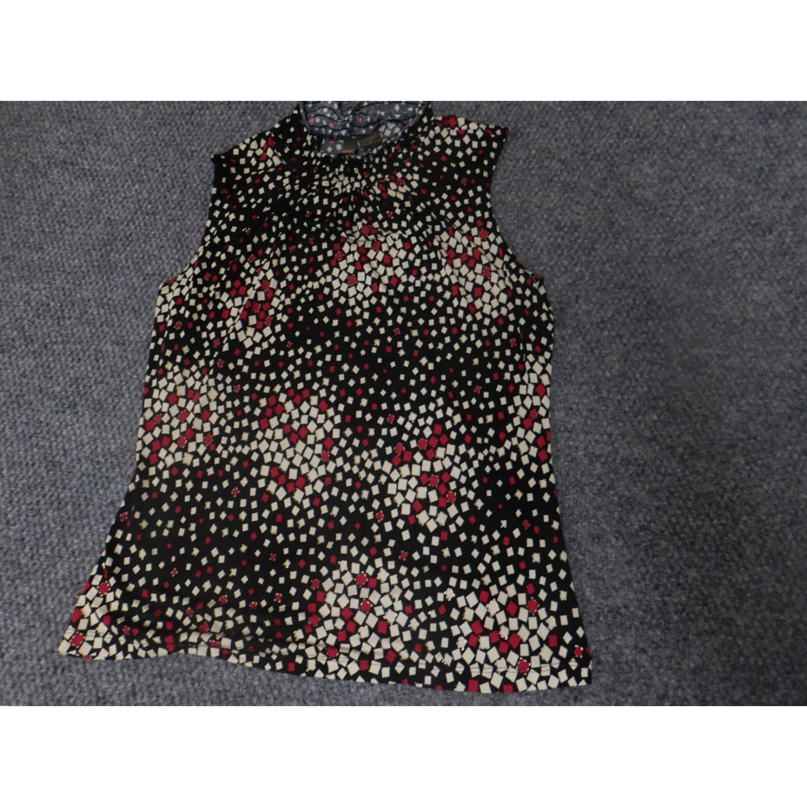 Vintage Serenade Blouse Shirt Womens Medium black Geometric Polyester Stretch Bell Sleeve Ruffle Collared Pullover Casual Regular Size M / US 6-8 / IT 42-44 - 2 Thumbnail