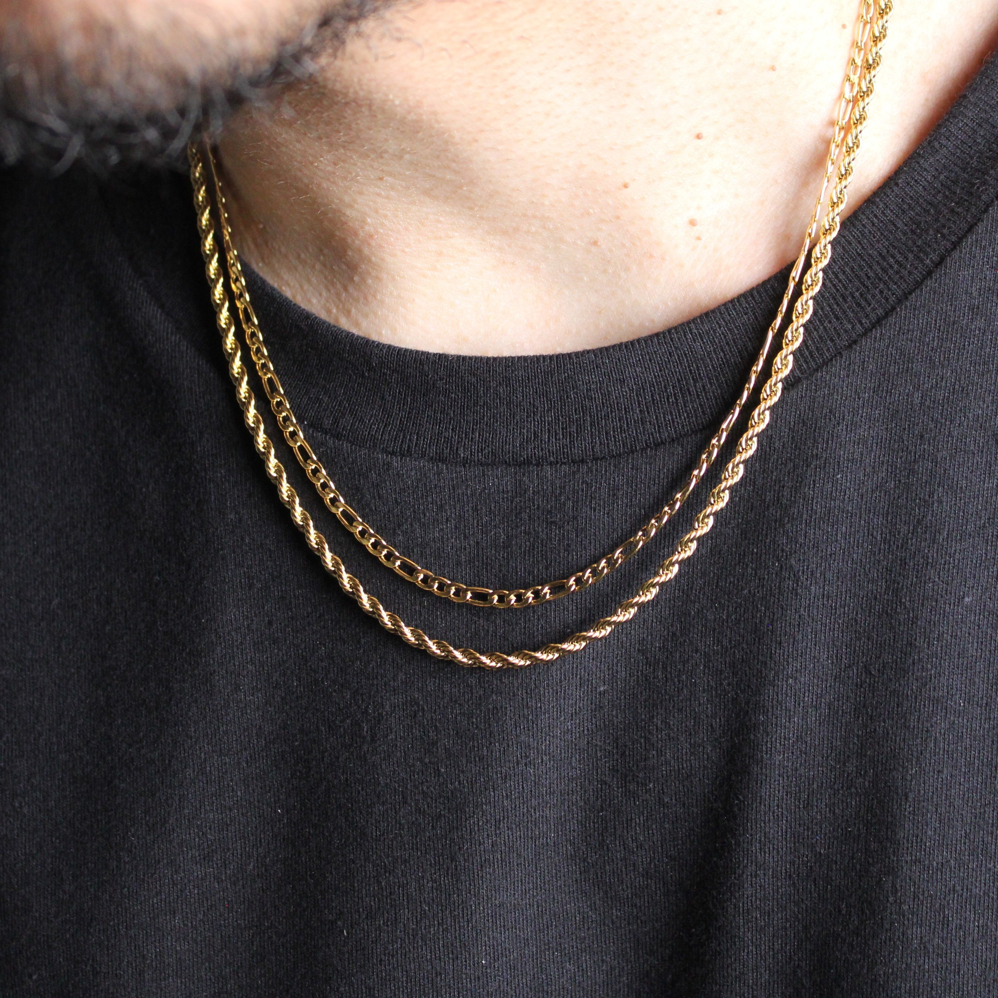 Gold Chain x Jewelry Gold Layered Chain Set - 3Mm Figaro & Rope, Men's