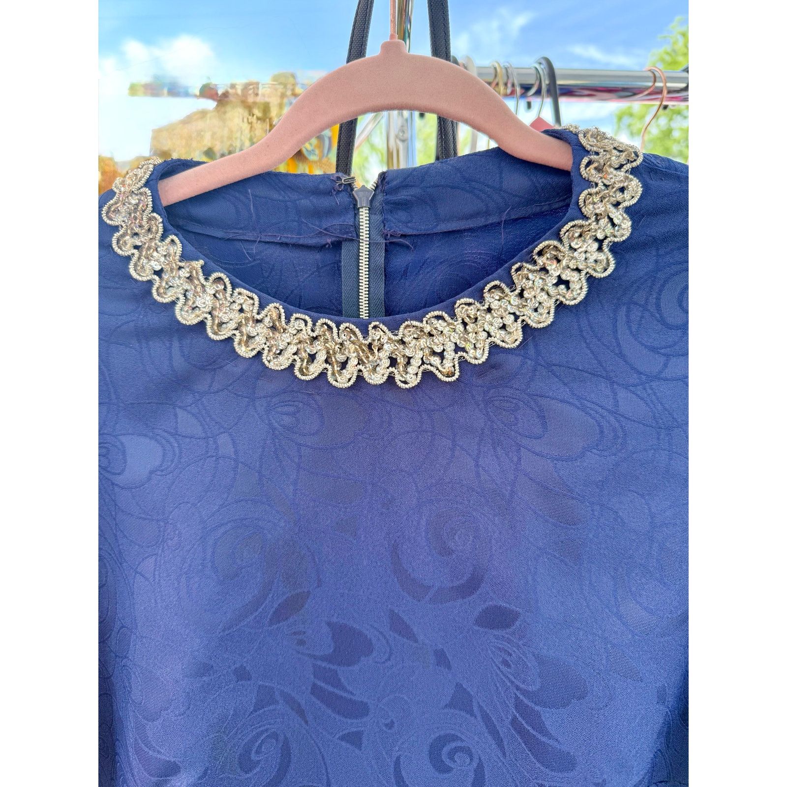 Vintage Vintage Navy Blue Embossed Silver Sequin Maxi Dress Large Size L / US 10 / IT 46 - 4 Thumbnail