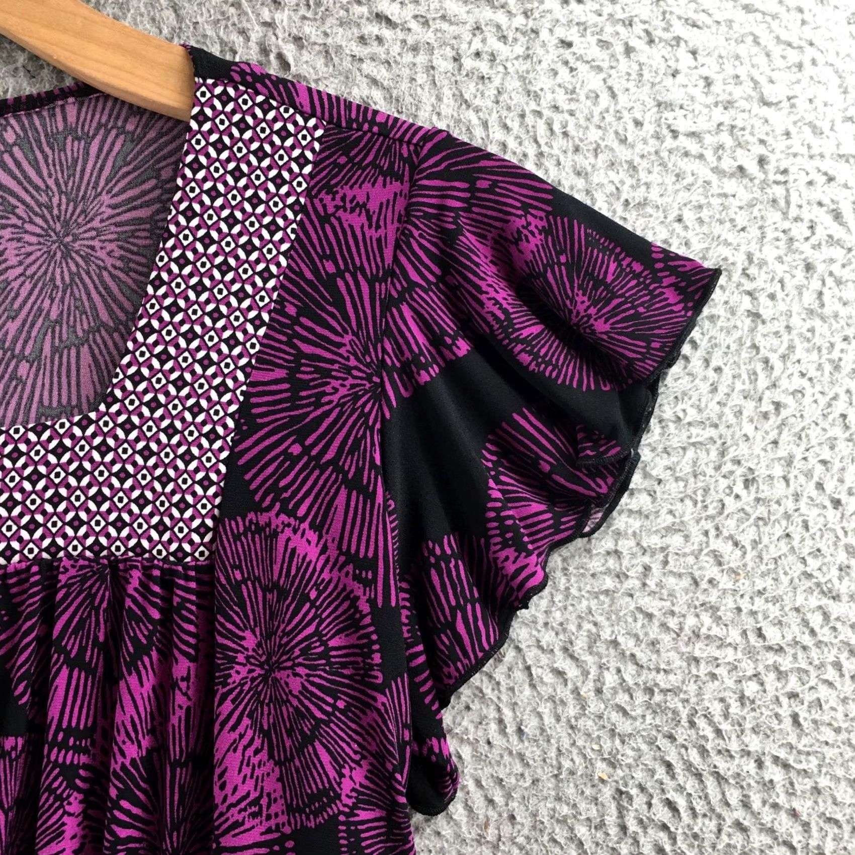 Vintage Venezia Tunic Top Women 14/16 Black Purple Short Sleeve Square Neck Empire Waist Blouse Shirt Size XL / US 12-14 / IT 48-50 - 4 Thumbnail