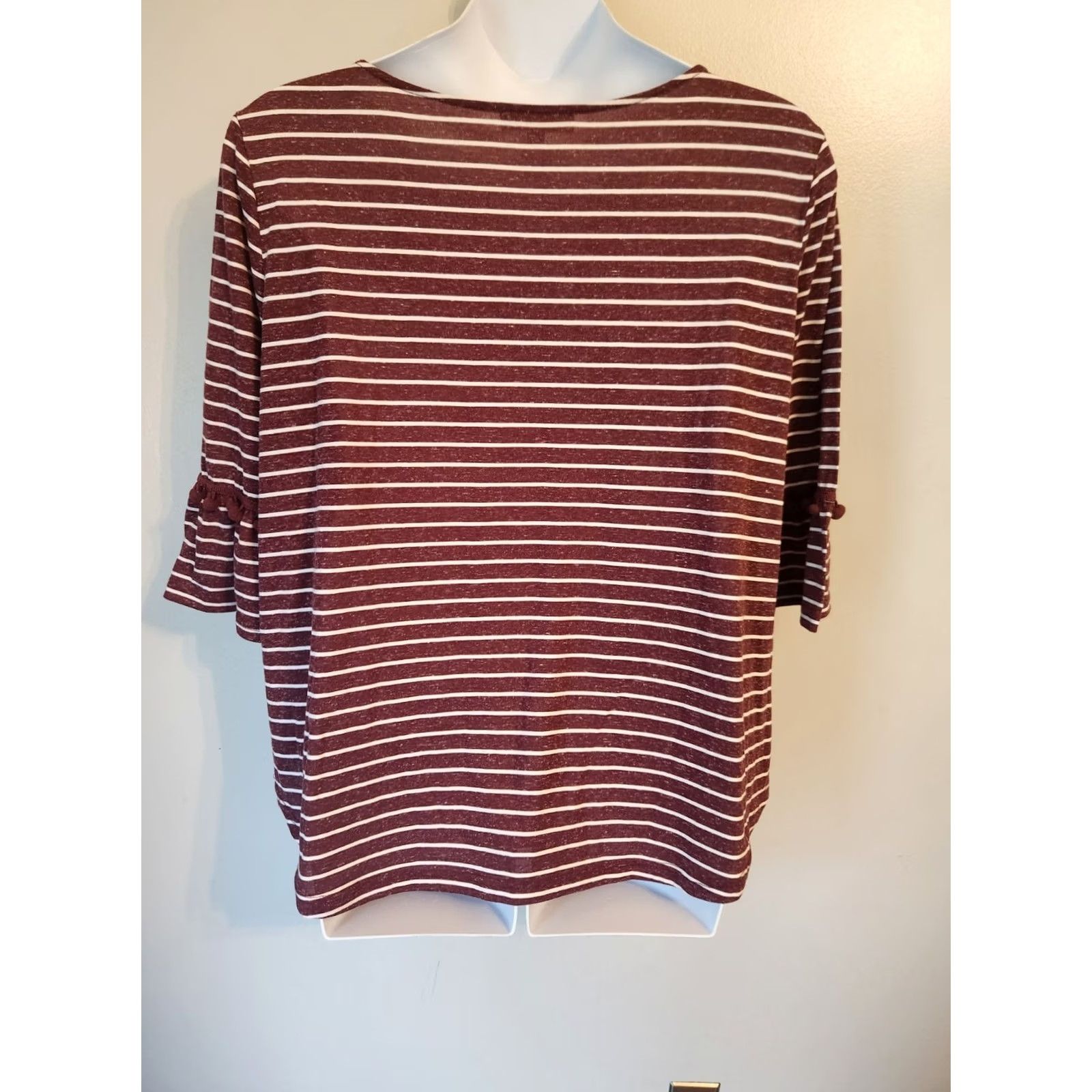 Vintage Suzanne Betro Blouse Burgundy White Stripe Pom Pom Bell Sleeve Top 4X Women Size XXL / US 16-18 / IT 52-54 - 4 Thumbnail