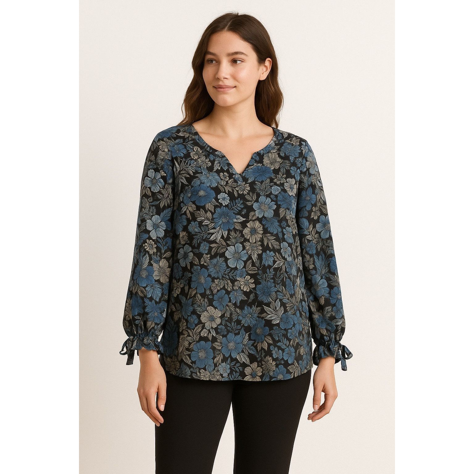 Jones New York Elegant Floral Print Blouse Blue & Black Jones New York XL Size XL / US 12-14 / IT 48-50 - 1 Thumbnail