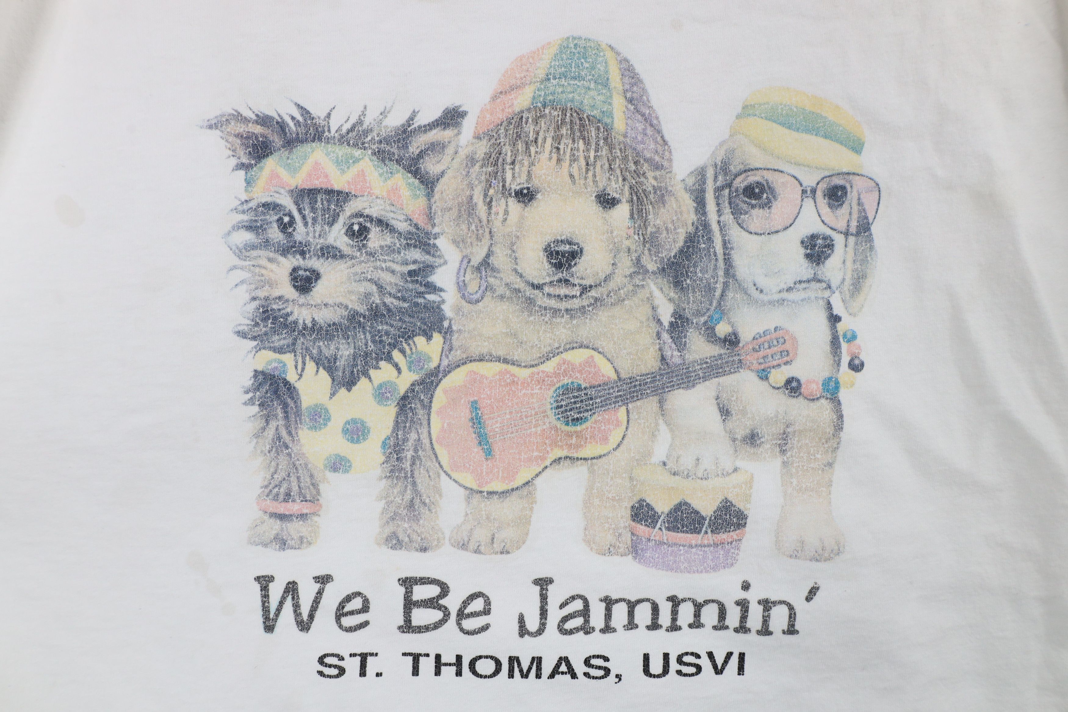 Vintage Vintage 90s Streetwear We Be Jammin Dogs Puppy T-Shirt White Size US XL / EU 56 / 4 - 4 Thumbnail