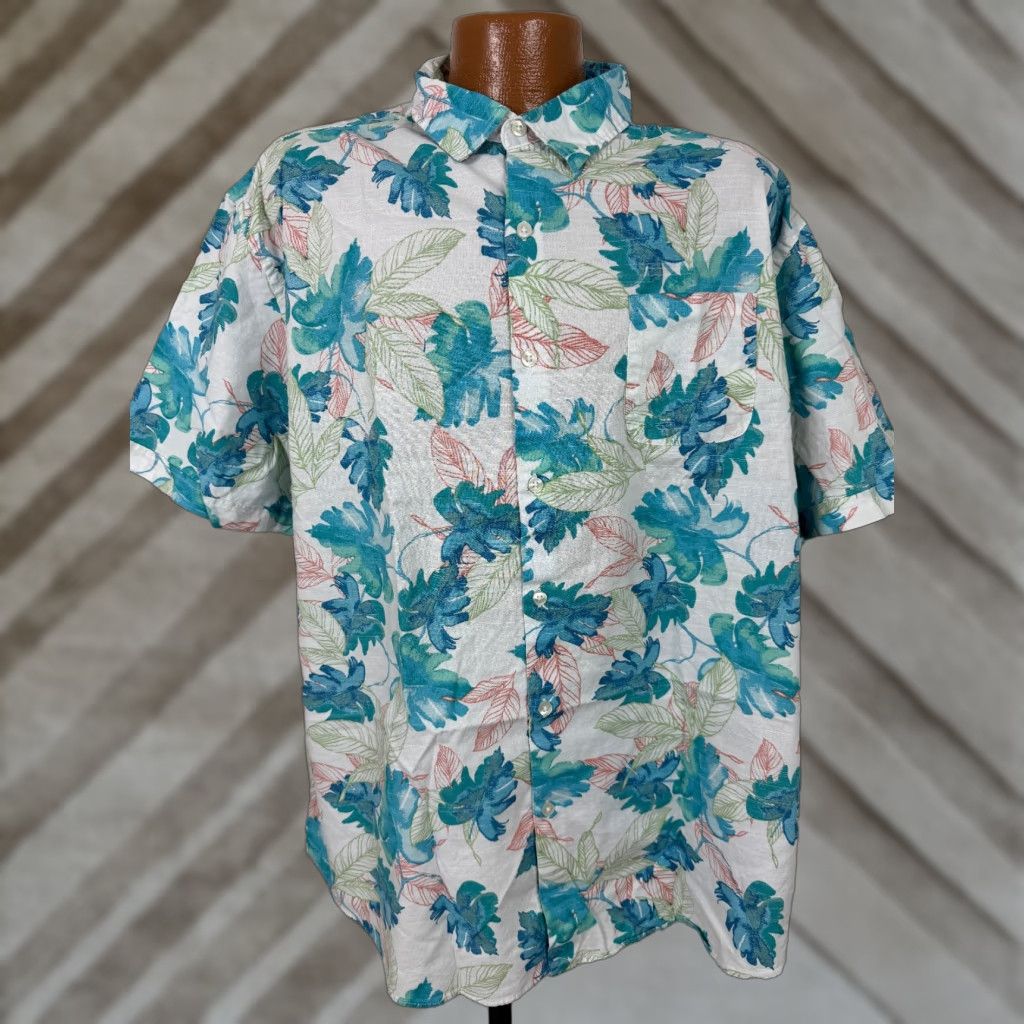 Van Heusen Van Heusen Hawaiian Shirt Men 2XL White Cotton Slub Short Sleeve Button-Up Beach Tropical Size US XXL / EU 58 / 5 - 1 Thumbnail