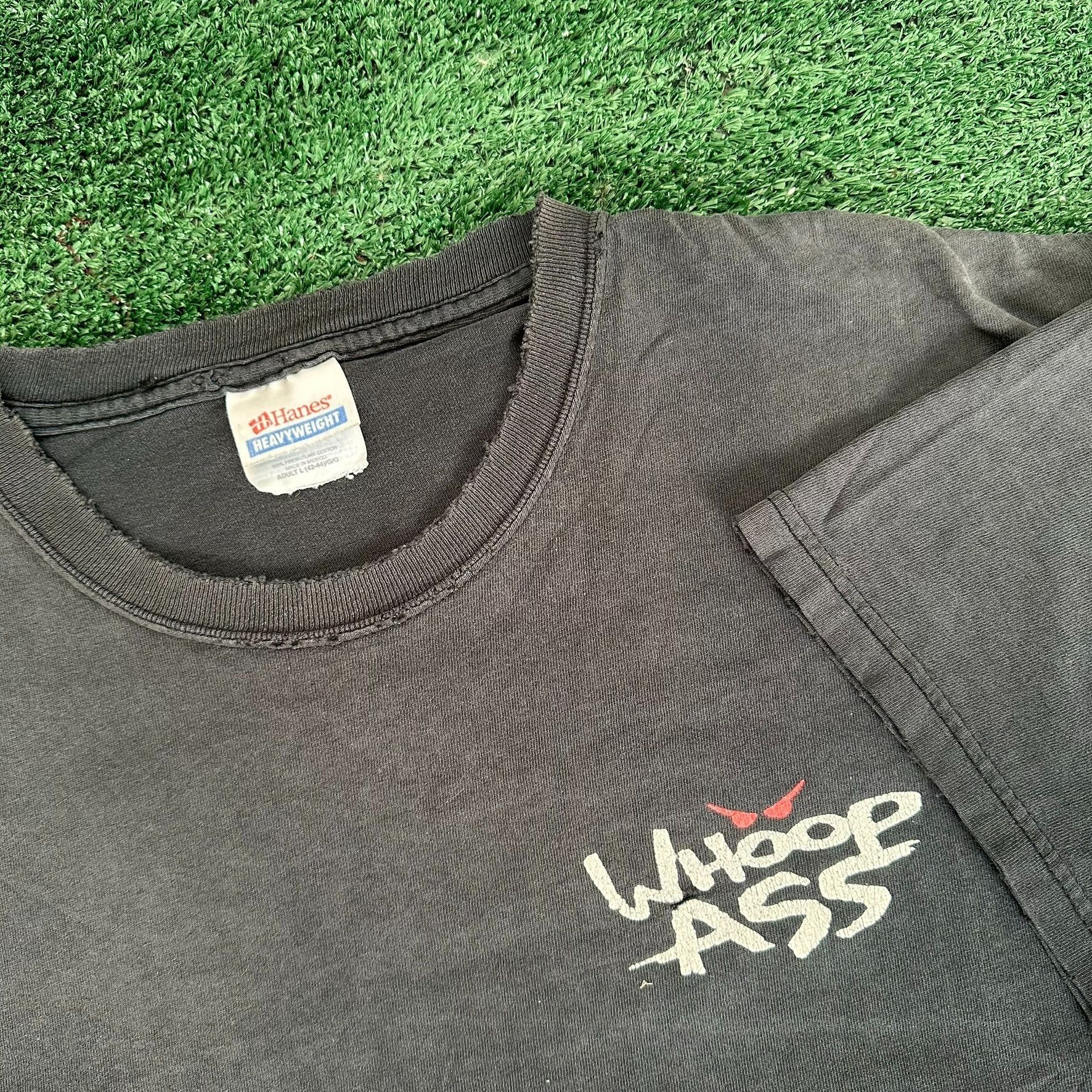 Hanes Vintage 90s Whoop Ass T-Shirt Faded Black Distressed Boxy L Size US L / EU 52-54 / 3 - 6 Thumbnail