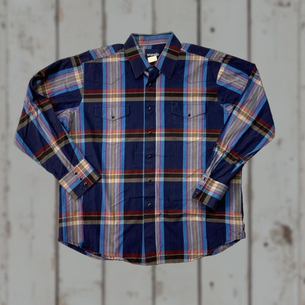 Wrangler VINTAGE Wrangler Pearl Snap Shirt Mens 2XL Plaid Blue Long Sleeve Shirt Size US XXL / EU 58 / 5 - 1 Thumbnail