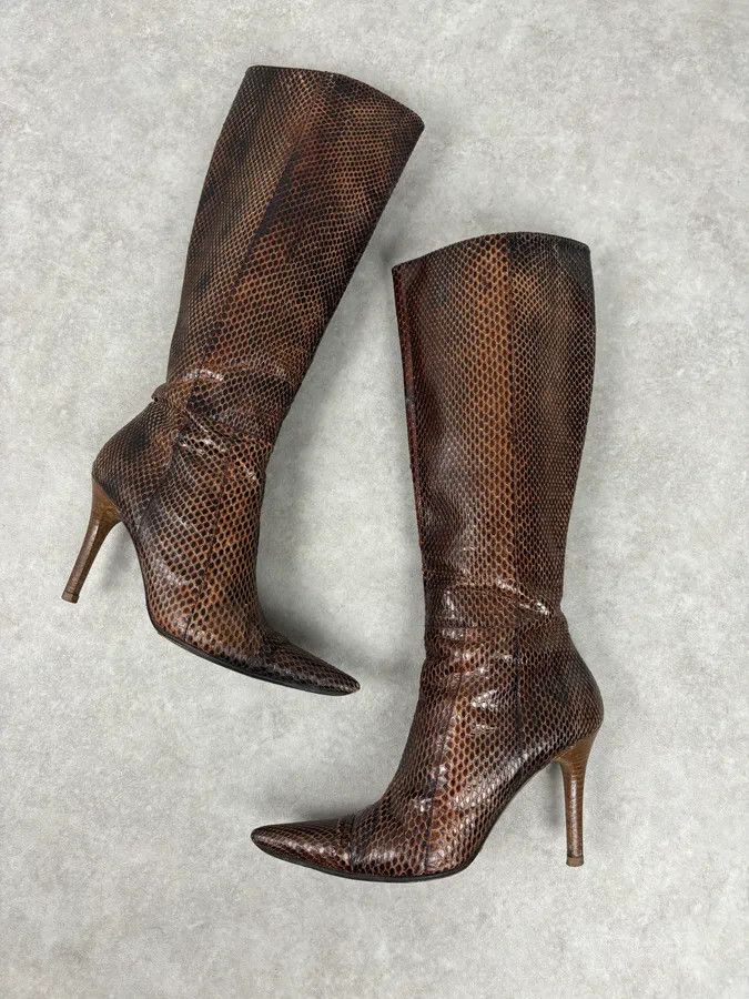 Dolce & Gabbana 2000s Dolce & Gabbana Brown Python Leather Knee-High Heeled Boots Size US 8 / IT 38 - 7 Thumbnail
