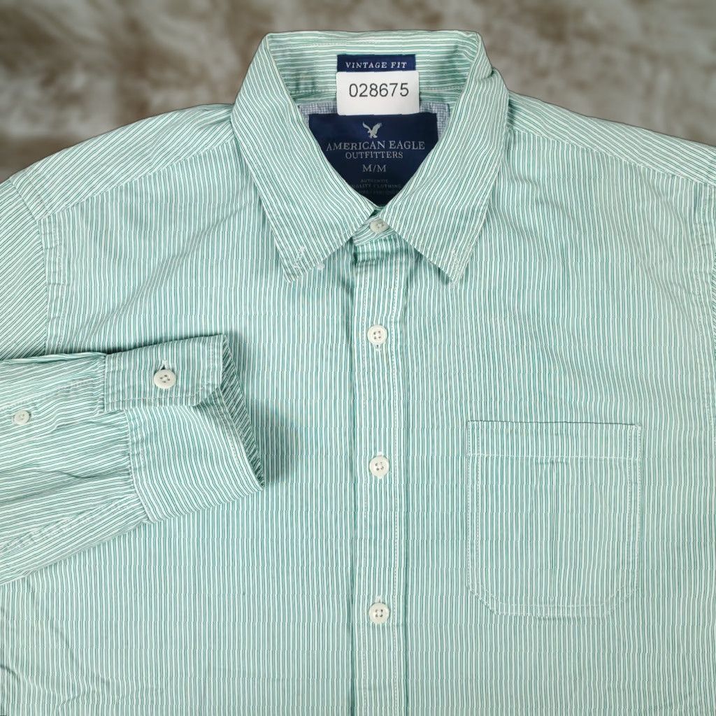 American Eagle Outfitters American Eagle Outfitters Shirt Men Medium Green Striped Button-Up Long Sleeve Collared Cotton Mens Size US M / EU 48-50 / 2 - 1 Thumbnail