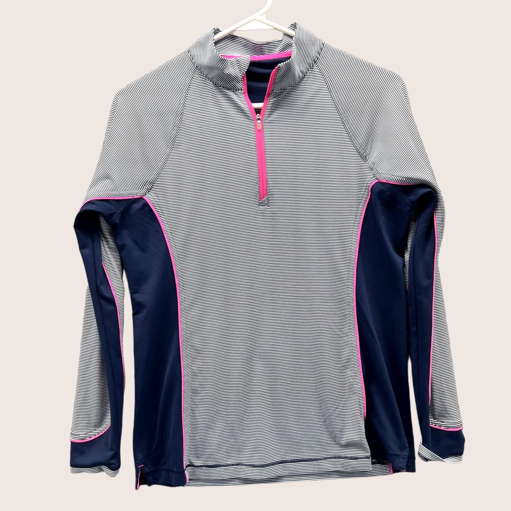Peter Millar Peter Miller Pullover Womens Small Blue Pink Quarter Zip Striped 1/4 Zip Lightweight Athletic Casual Shirt Slim Fit Size S / US 4 / IT 40 - 1 Thumbnail