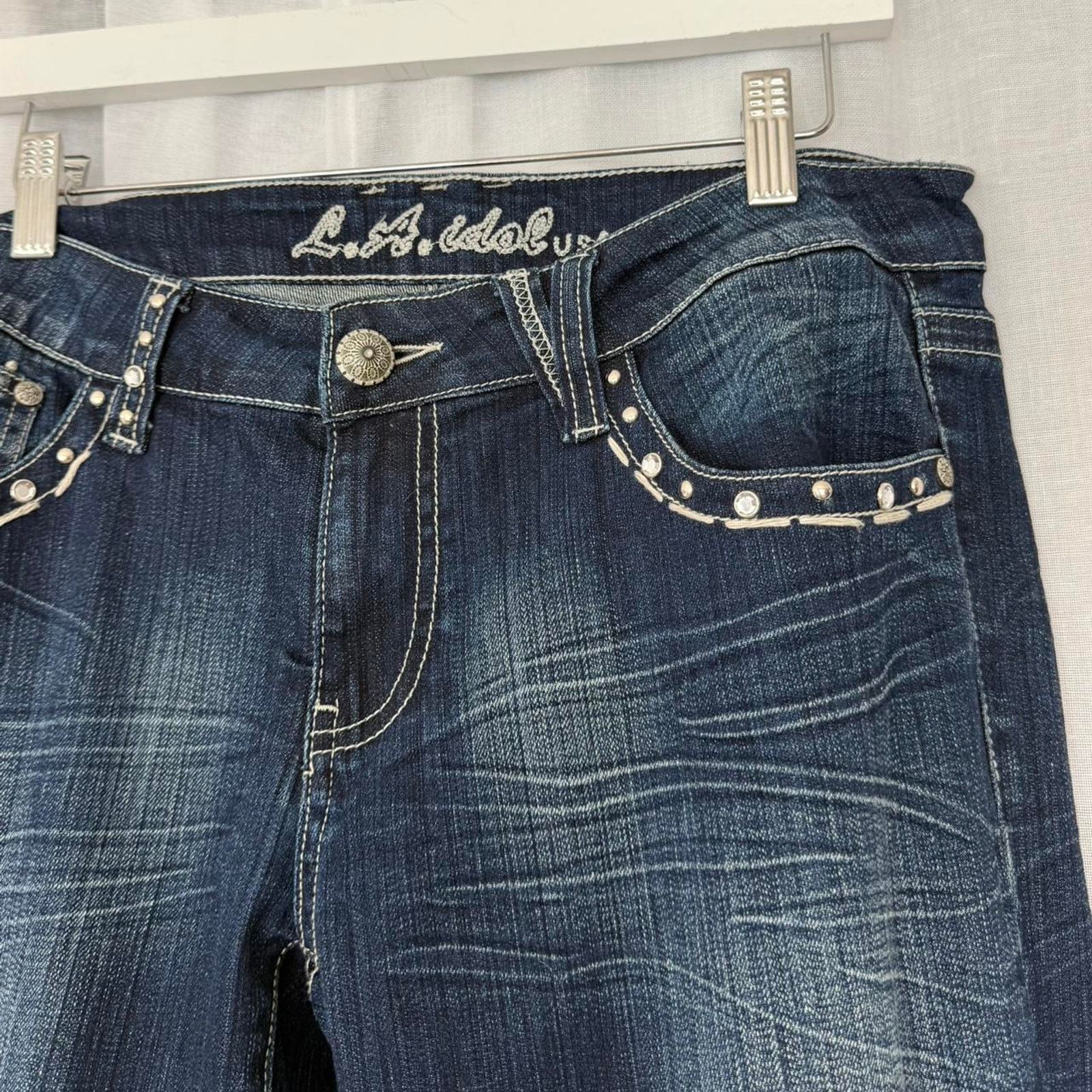 Vintage ✿ y2k studded flare jeans low rise dark wash bootcut ✿ Size 34" / US 12 / IT 48 - 3 Thumbnail