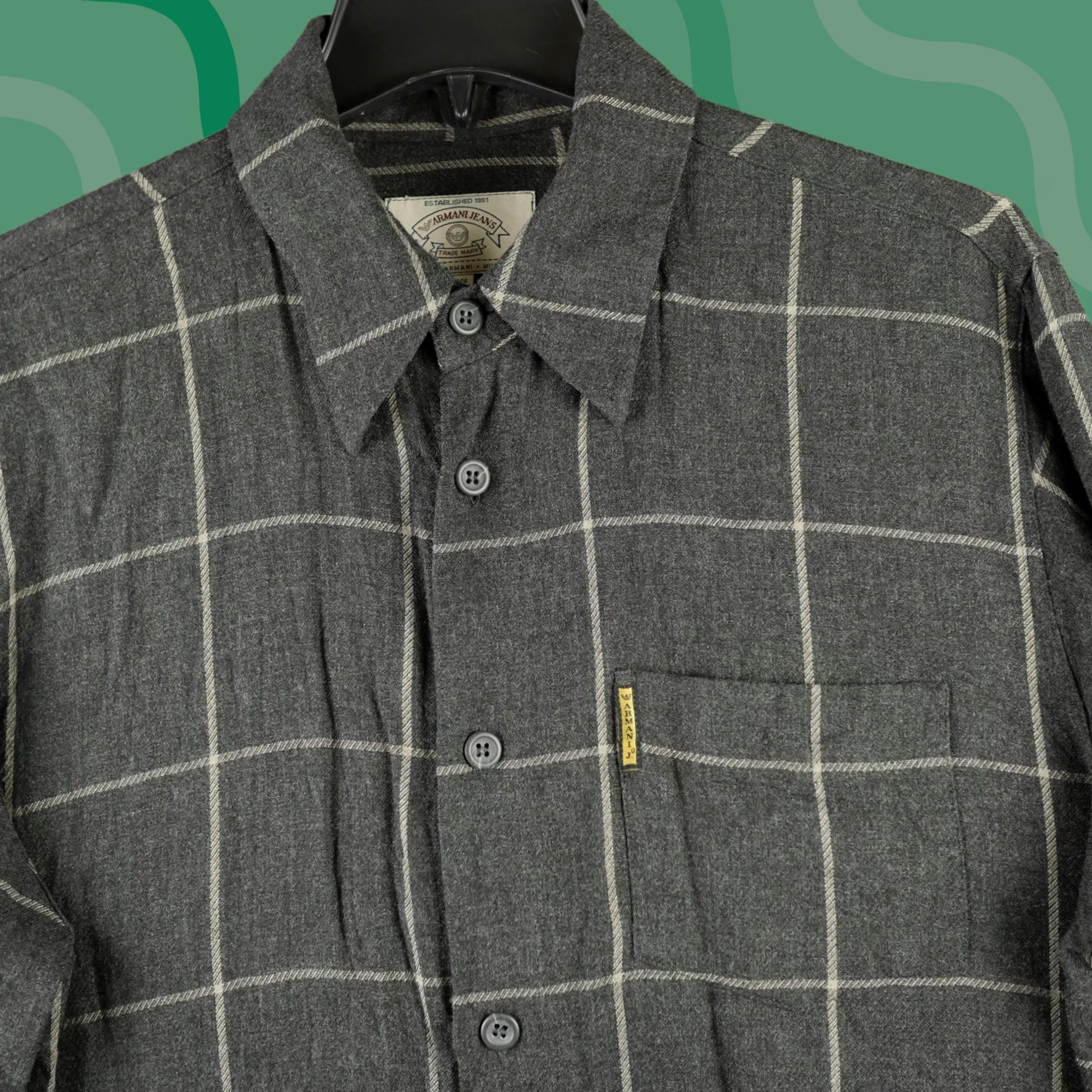 Vintage Armani Jeans Shirt Mens Large Gray Plaid Button Up Long Sleeve Viscose Italy Size US L / EU 52-54 / 3 - 1 Thumbnail