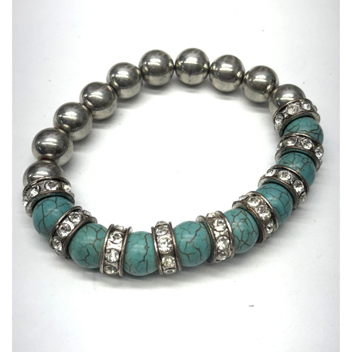 Vintage Vintage silver turquoise rhinestone beaded stretch bracelet Size ONE SIZE - 1 Thumbnail
