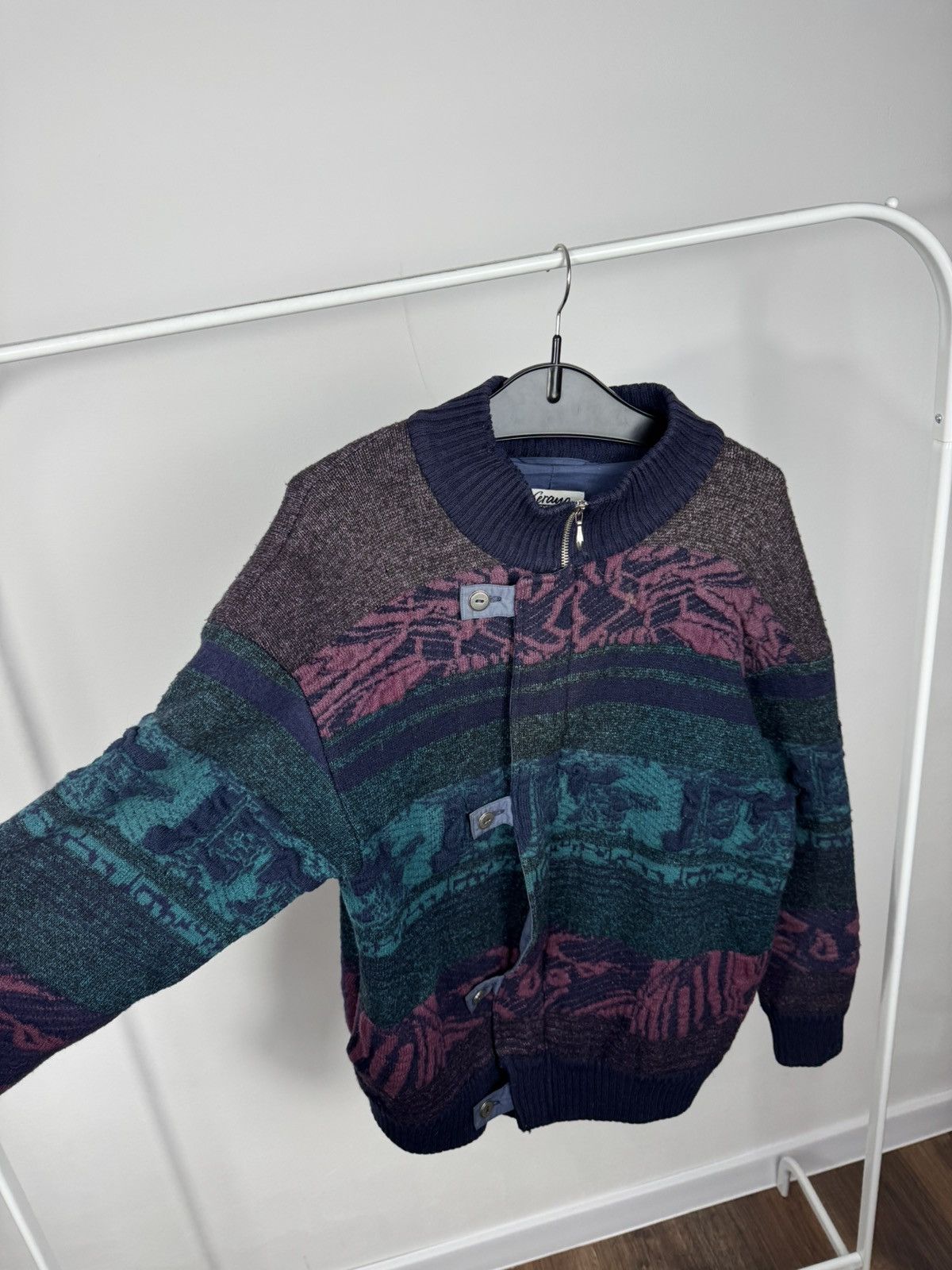 Other Vintage Abstract Pattern Knit Bomber Jacket Wool Blend 50 Size US XL / EU 56 / 4 - 4 Thumbnail