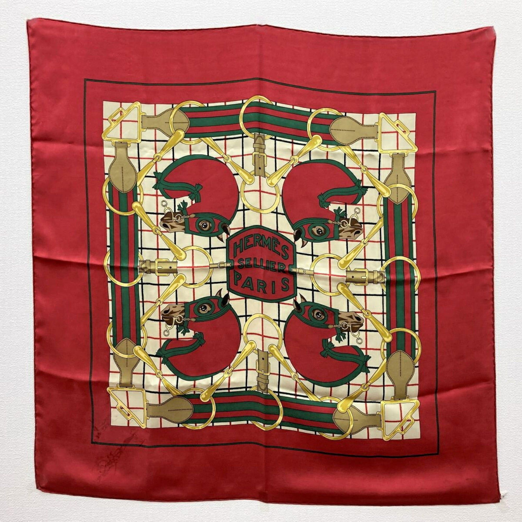image of Hermes Carre 70 Scarf Tattersall Sellier Horse Red Ladies, Women's