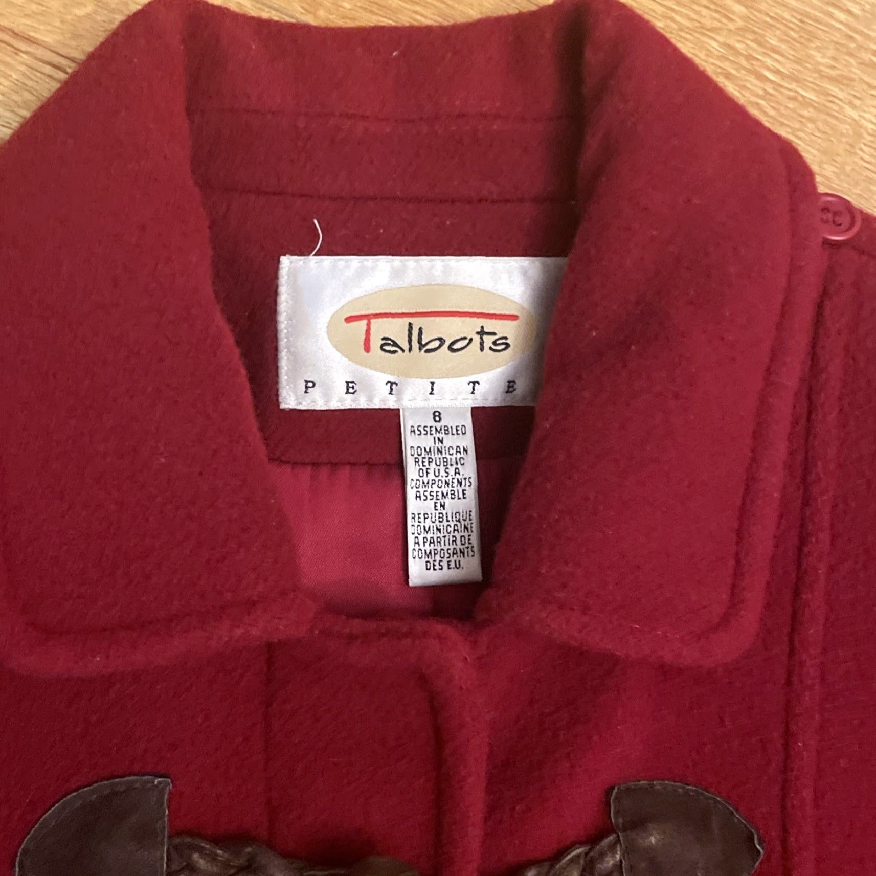 Talbots VINTAGE Talbots Womens Pea Coat Red 8P 100% Wool Long Toggle Leather USA Winter Lined Size M / US 6-8 / IT 42-44 - 3 Thumbnail