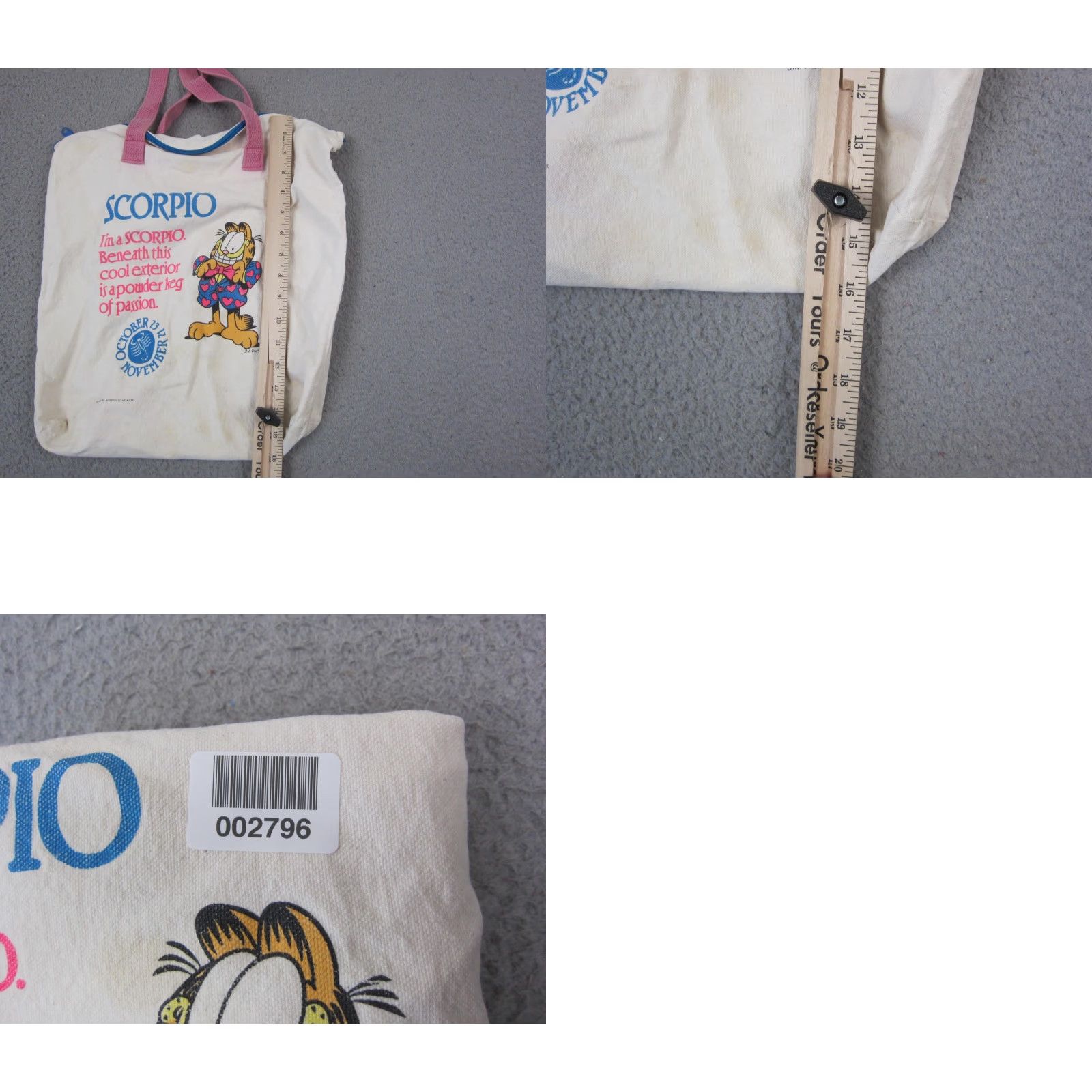 Vintage VINTAGE Garfield Tote Bag Creme White Scorpio Zodiac Cartoon Jim Davis Canvas Tote Unisex Adults Medium Pink Handle/Strap Size ONE SIZE - 9 Thumbnail
