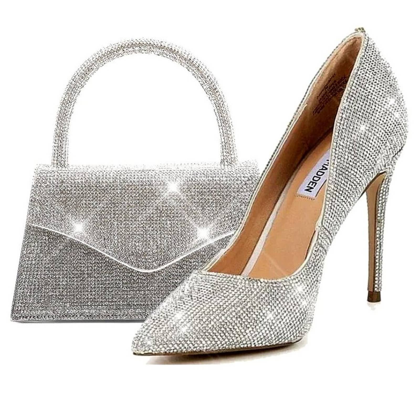 image of NWT Sparkling Bling Crystal Steve Madden Daisie Pump & Purse Shoes in Silver, Women's (Size 8.5)