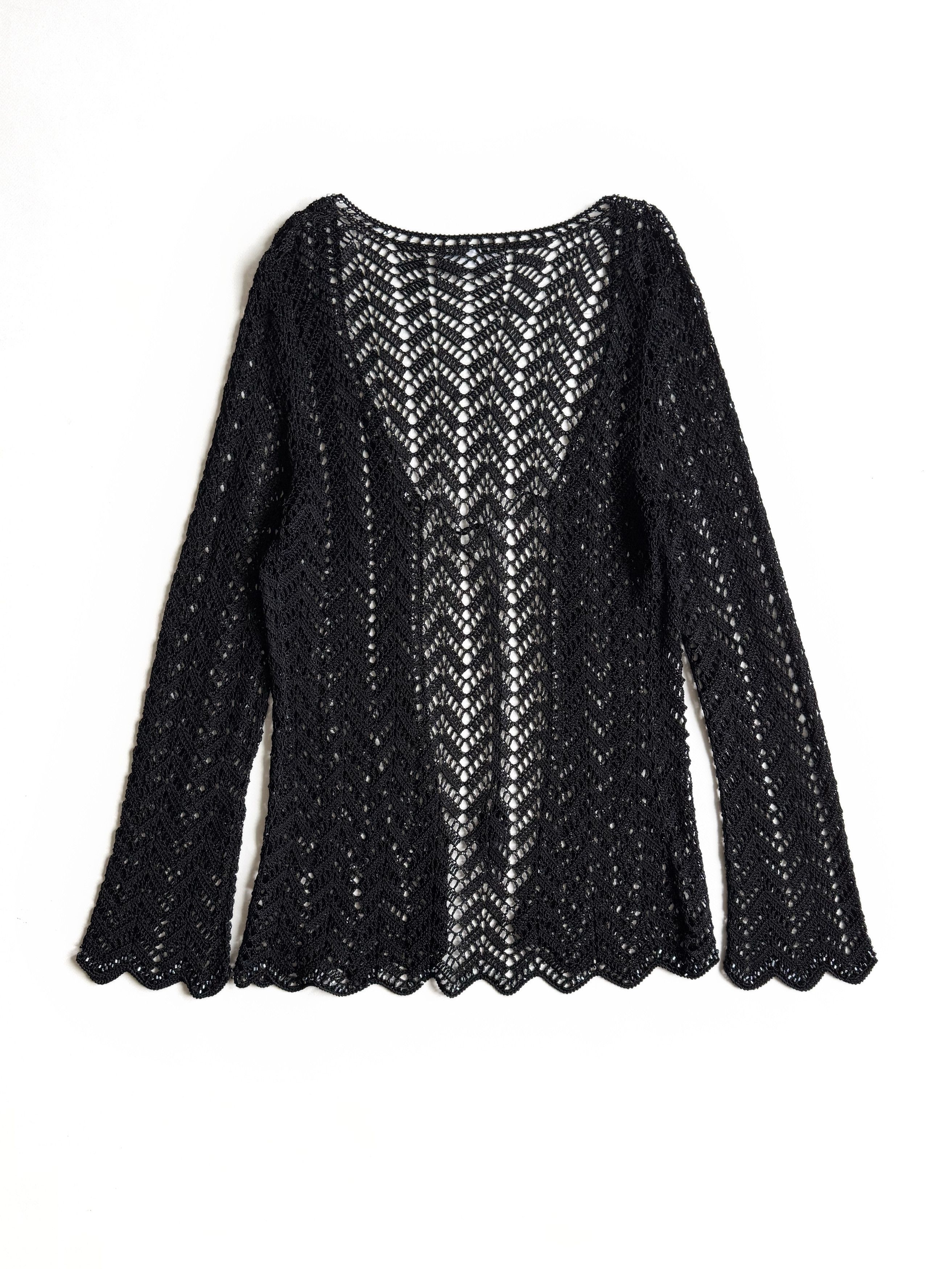 Vintage Vintage Black Crochet Open Knit Tie Front Cardigan (M) Size M / US 6-8 / IT 42-44 - 4 Thumbnail