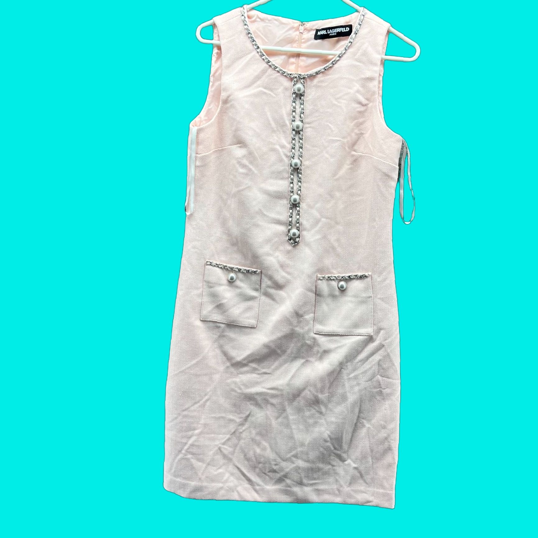Karl Lagerfeld Karl Lagerfeld Dress Womens L Pink Sleeveless Tweed Pearl Trim Pencil Elegant Size L / US 10 / IT 46 - 1 Thumbnail