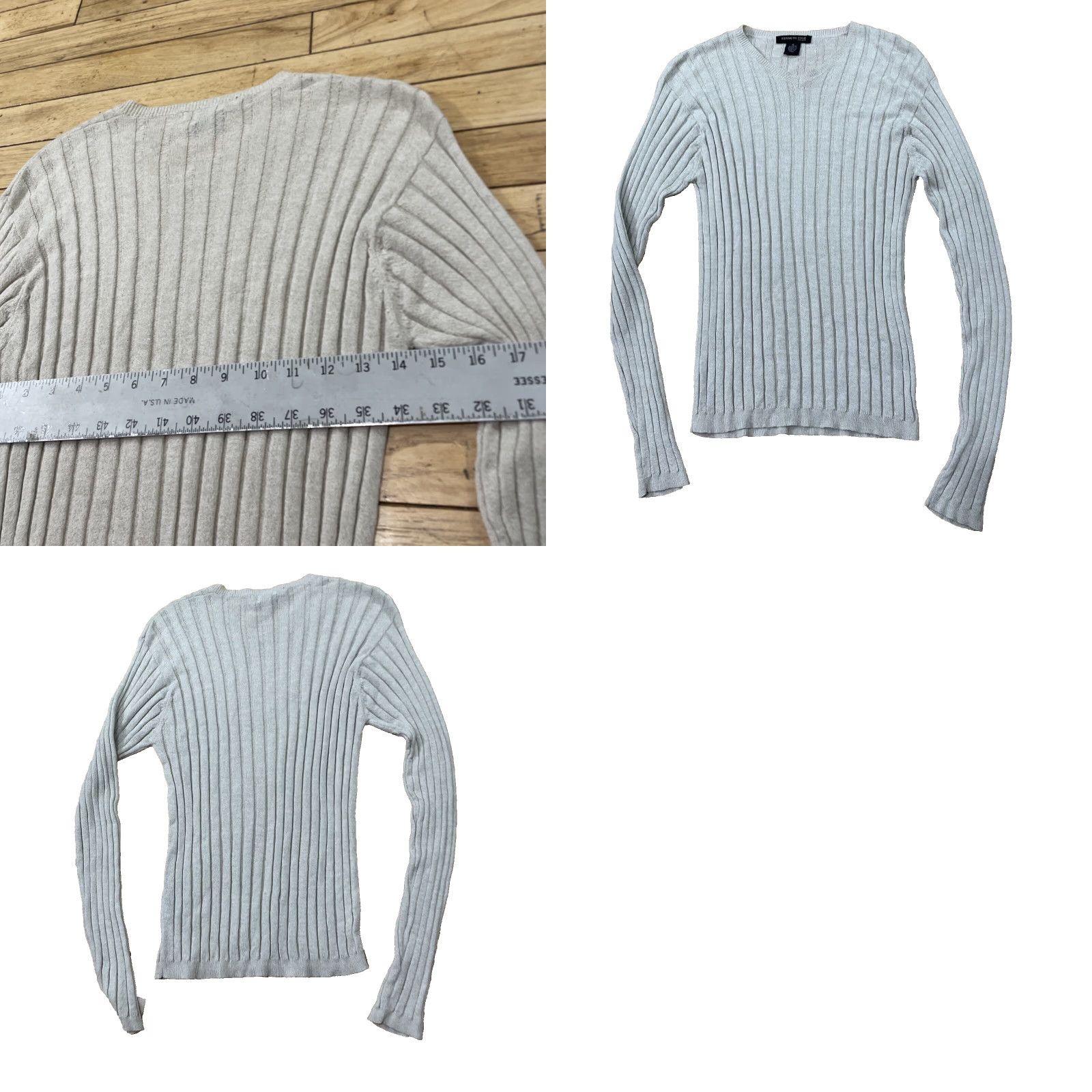 Kenneth Cole VINTAGE Kenneth Cole NY Ribbed Stretch Sweater Women M Tan Brown Minimal Western Vneck Shirt Size M / US 6-8 / IT 42-44 - 10 Thumbnail