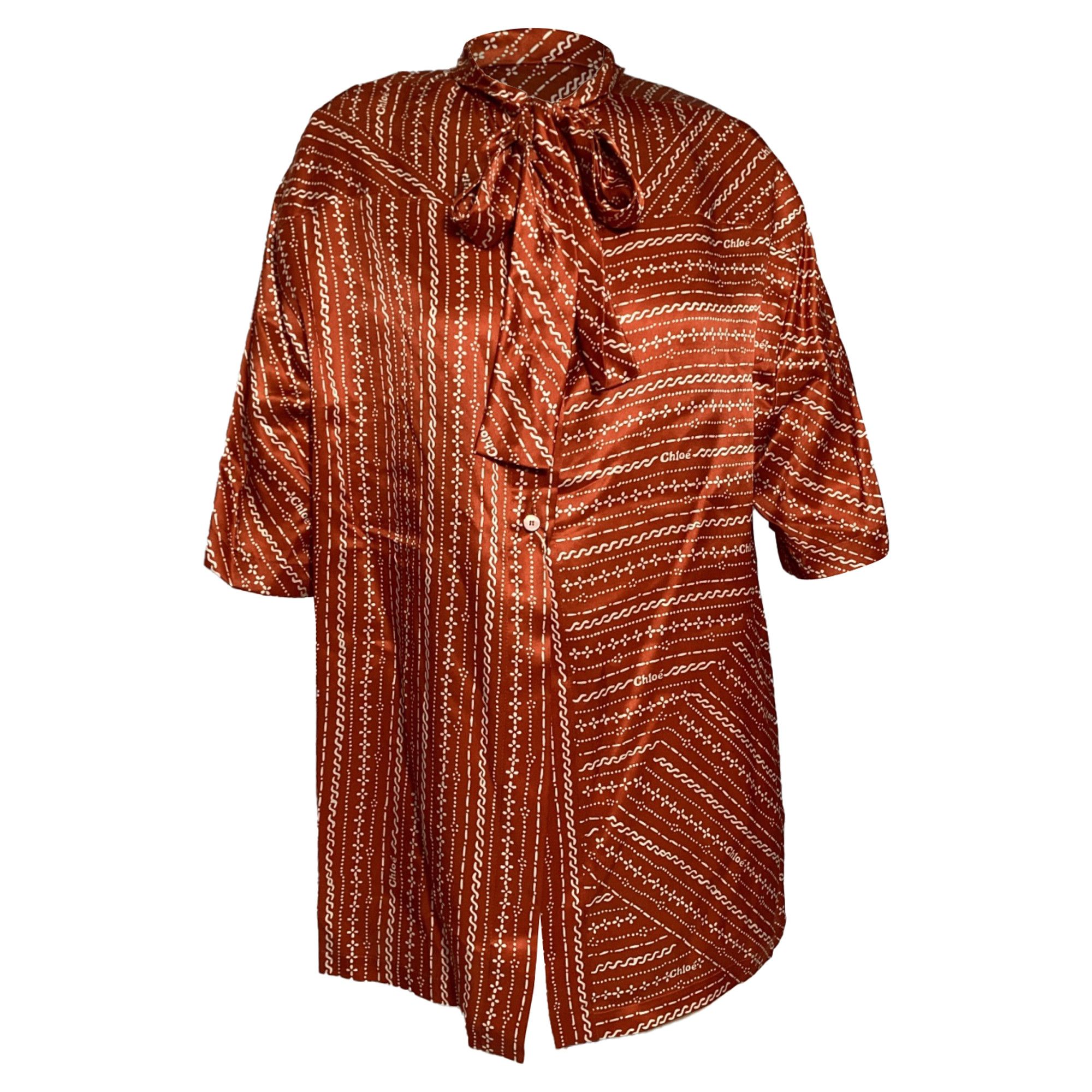 Chloe Chloé Pussy Bow Printed Blouse in Brown Silk Size XS / US 0-2 / IT 36-38 - 1 Thumbnail