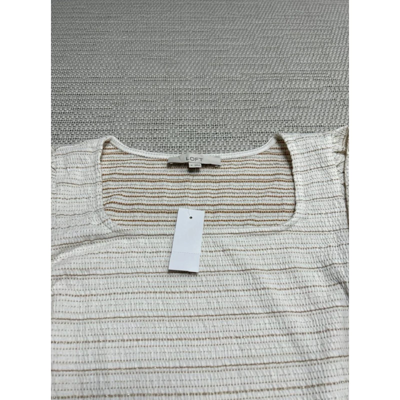Loft Loft Top Women Medium Beige Stripes Puff Sleeve Square Neck Knit Polyester Rayon Spandex Size M / US 6-8 / IT 42-44 - 3 Thumbnail