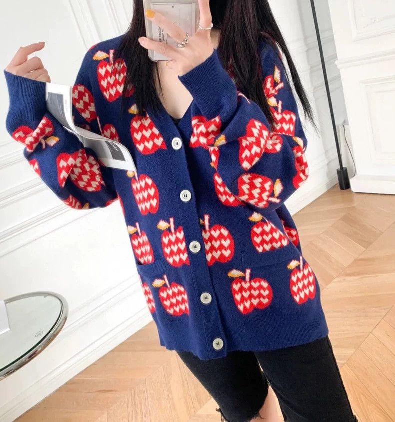 Gucci Gucci Blue red apple cotton knitted cardigan jacket 2502-Ne Size US XS / EU 42 / 0 - 8 Thumbnail