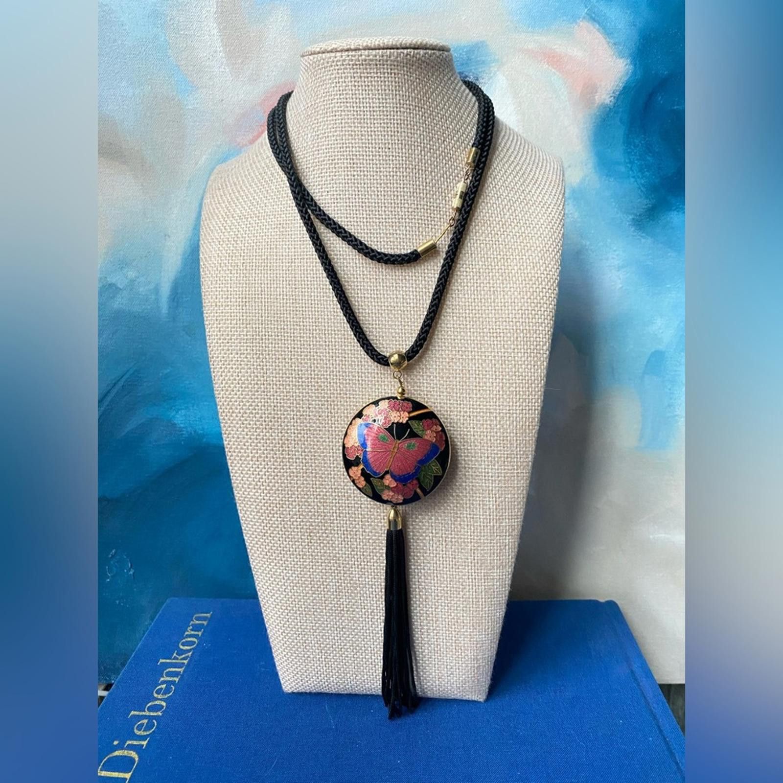 Vintage Vintage Cloisonné Butterfly Pendant Tassel Necklace 70s 80s Size ONE SIZE - 1 Thumbnail