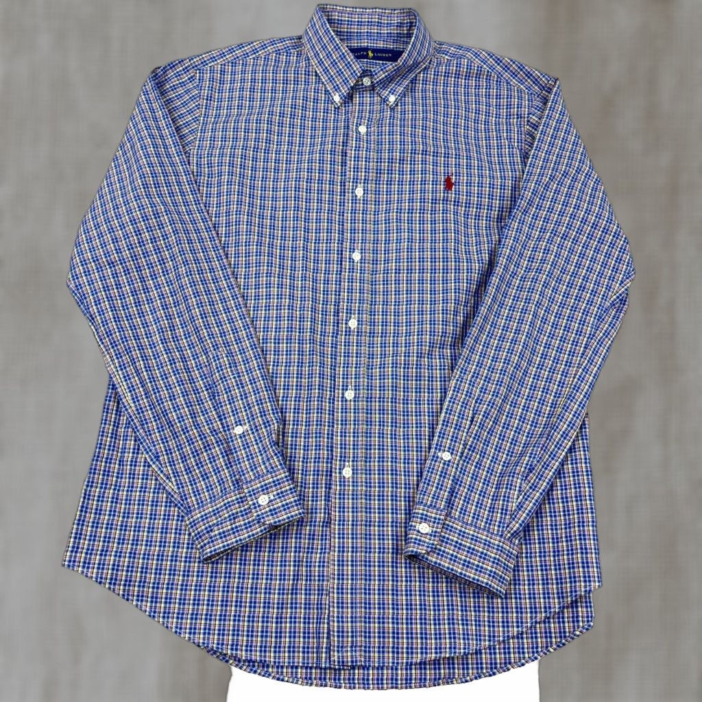Ralph Lauren Ralph Lauren Shirt Men Large Blue Red Plaid Button Up Dress Poplin Windowpane A6 Size 42R - 1 Thumbnail