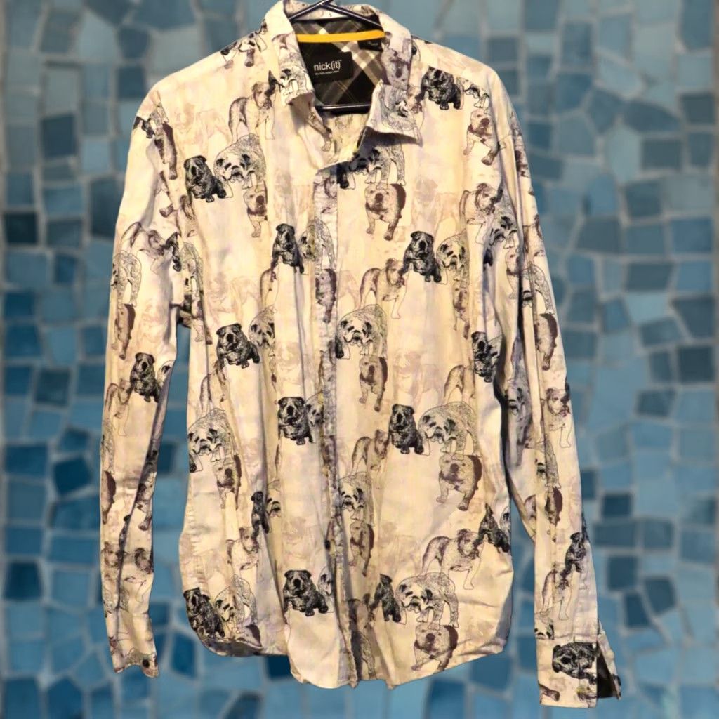 Vintage Nick(it) Men's XL White Bulldog Print Long Sleeve Button-Up Shirt Size US XL / EU 56 / 4 - 1 Thumbnail