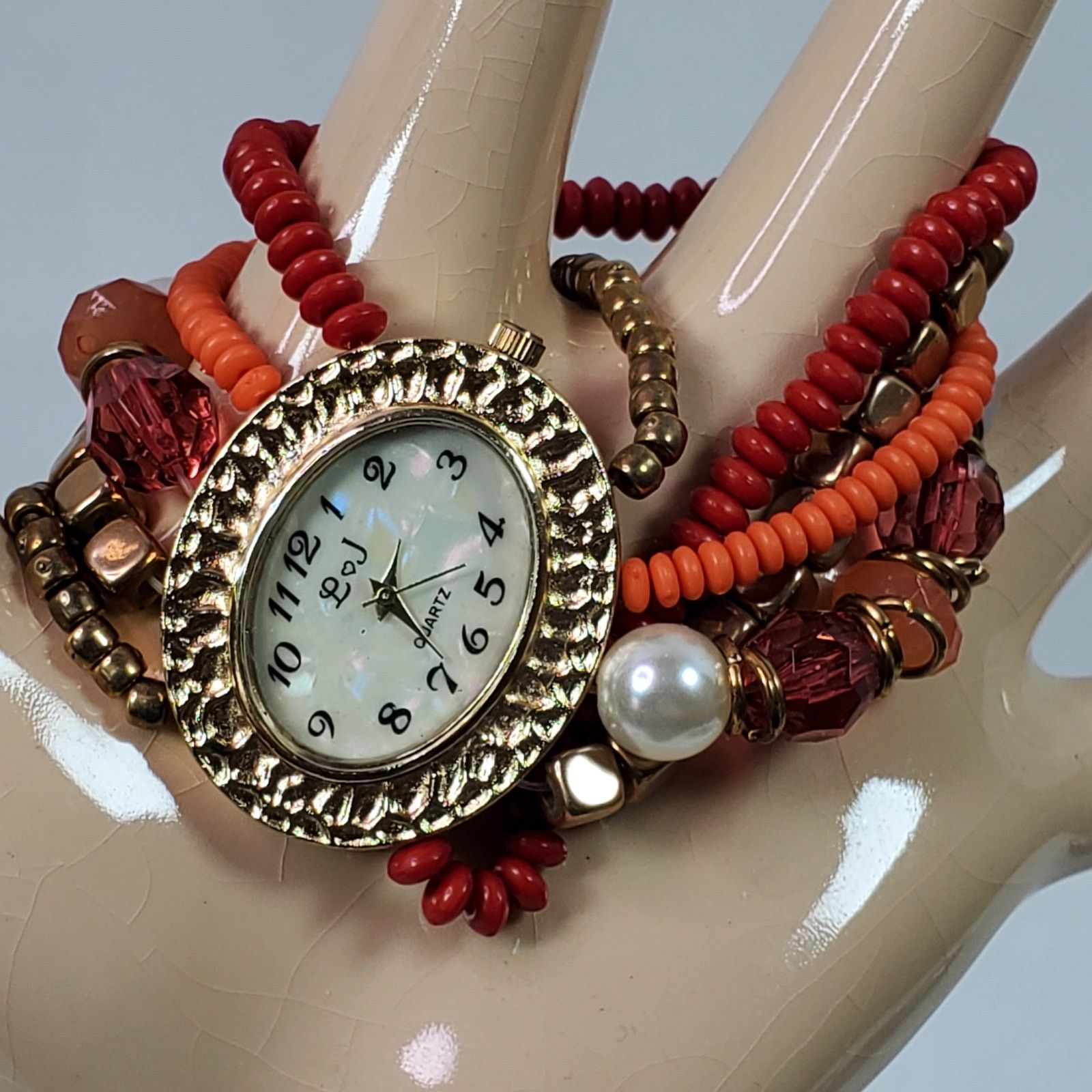The Unbranded Brand L & J Beaded Wristwatch Multi Strand Red Pink Gold Tone Size ONE SIZE - 1 Thumbnail