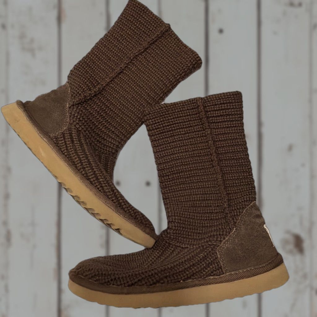UGG Australia Brown Crochet Knit Tall Boot Womens Sz 7 Mid-Calf Sheepskin Lined Pull On Classic Boots