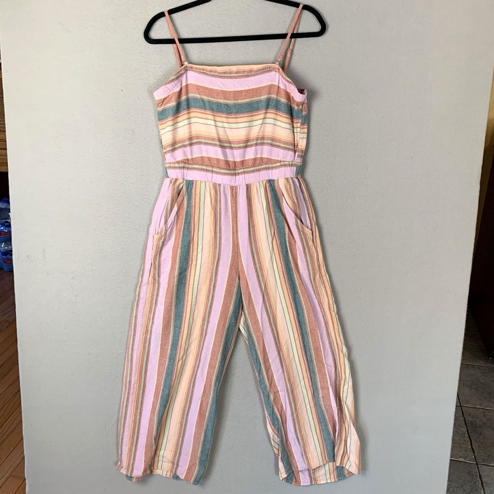 American Eagle Outfitters American Eagle Jumpsuit Women M Striped Linen Blend Cutout Tie Back Wide-Leg Boho Y2K Retro Festive Casual Travel Size 32" / US 10 / IT 46 - 3 Thumbnail