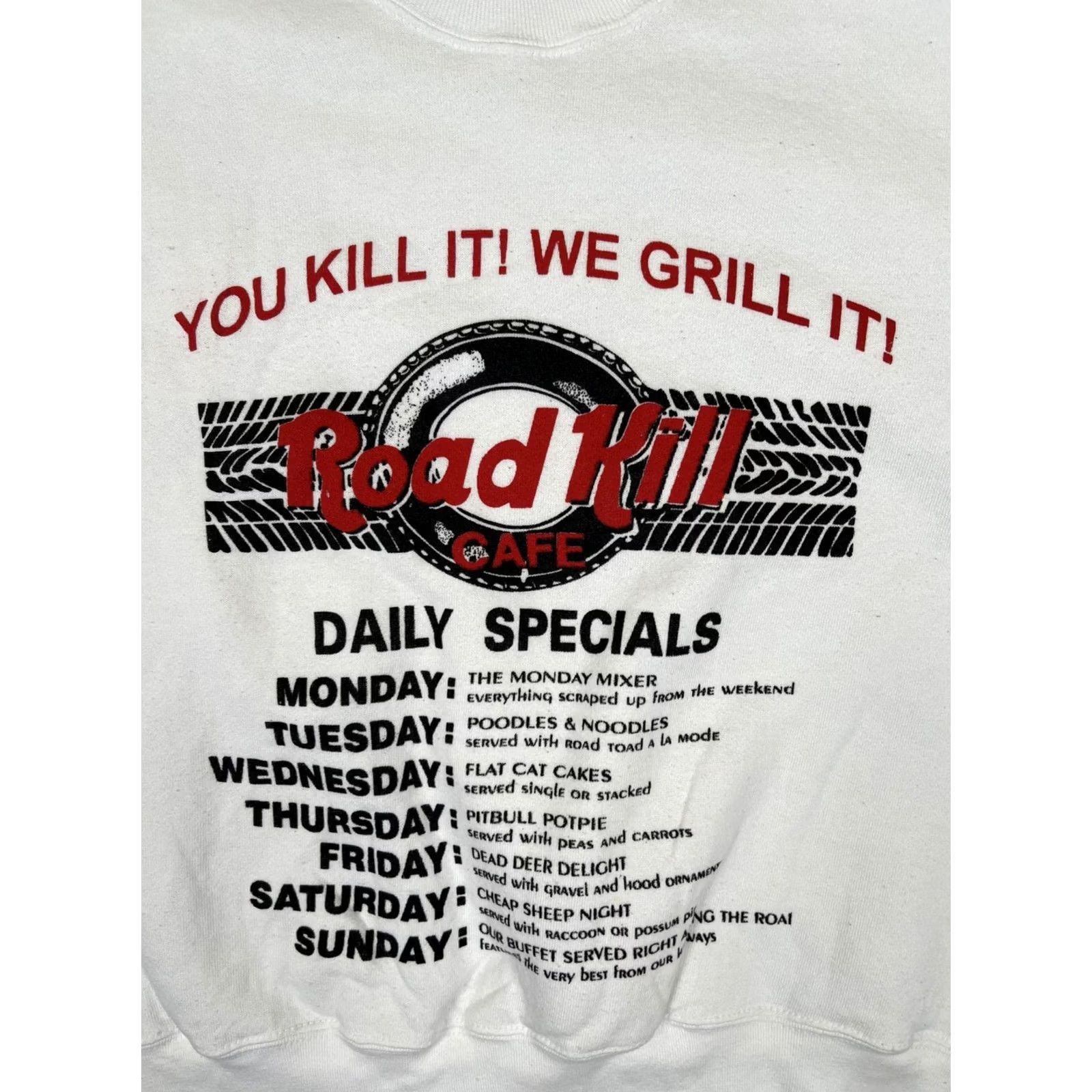 Fruit Of The Loom VINTAGE Fruit of the Loom Road Kill Cafe Sweatshirt Mens M White Graphic 90s Made in USA Size US M / EU 48-50 / 2 - 2 Thumbnail