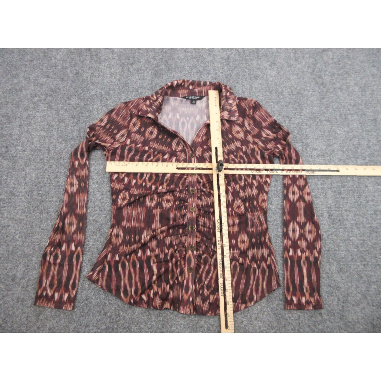 Vintage Liverpool Women's Brown Red Geometric Long Sleeve Button Up Blouse Stretch XS Size XS / US 0-2 / IT 36-38 - 2 Thumbnail