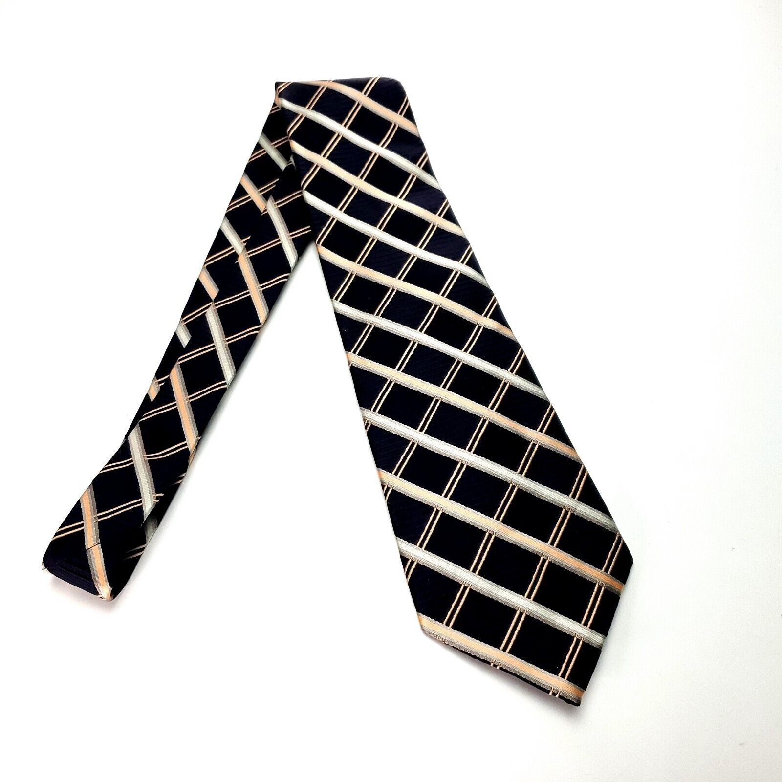 Stafford Stafford Silk Tie Woven Black Peach Plaid Wide Size ONE SIZE - 6 Thumbnail
