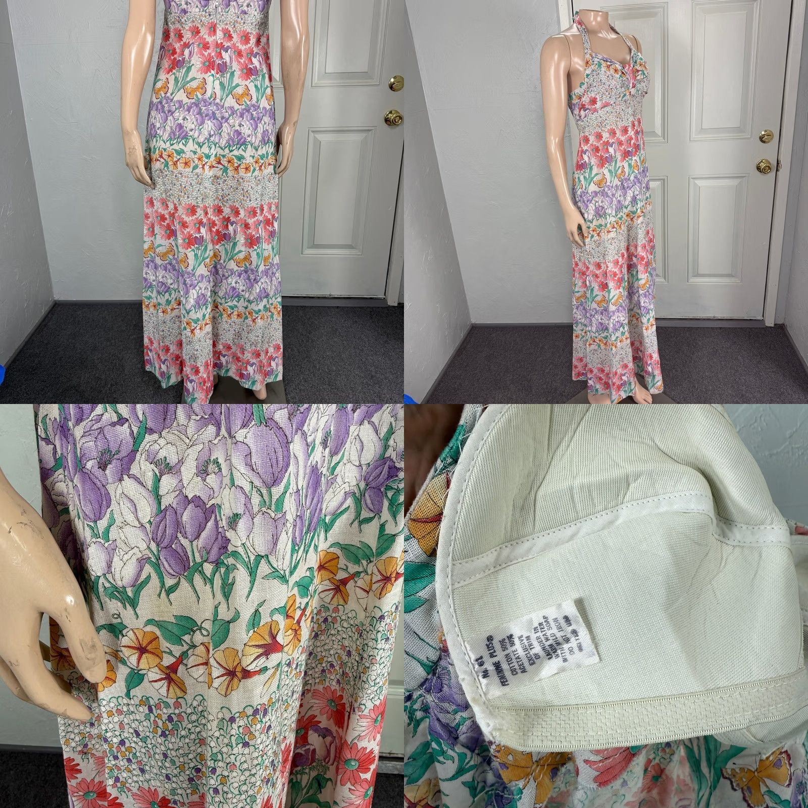 Vintage VINTAGE Floral Cotton Halter Dress XS Long Maxi 70s Bohemian Butterfly Hippie NN27 Womens Size XS / US 0-2 / IT 36-38 - 8 Thumbnail