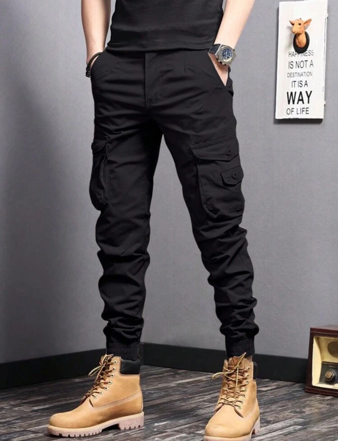 Other × Vintage Men's Black Cuffed Cargo Pants / Cargo Joggers Size US 40 / EU 56 - 1 Thumbnail