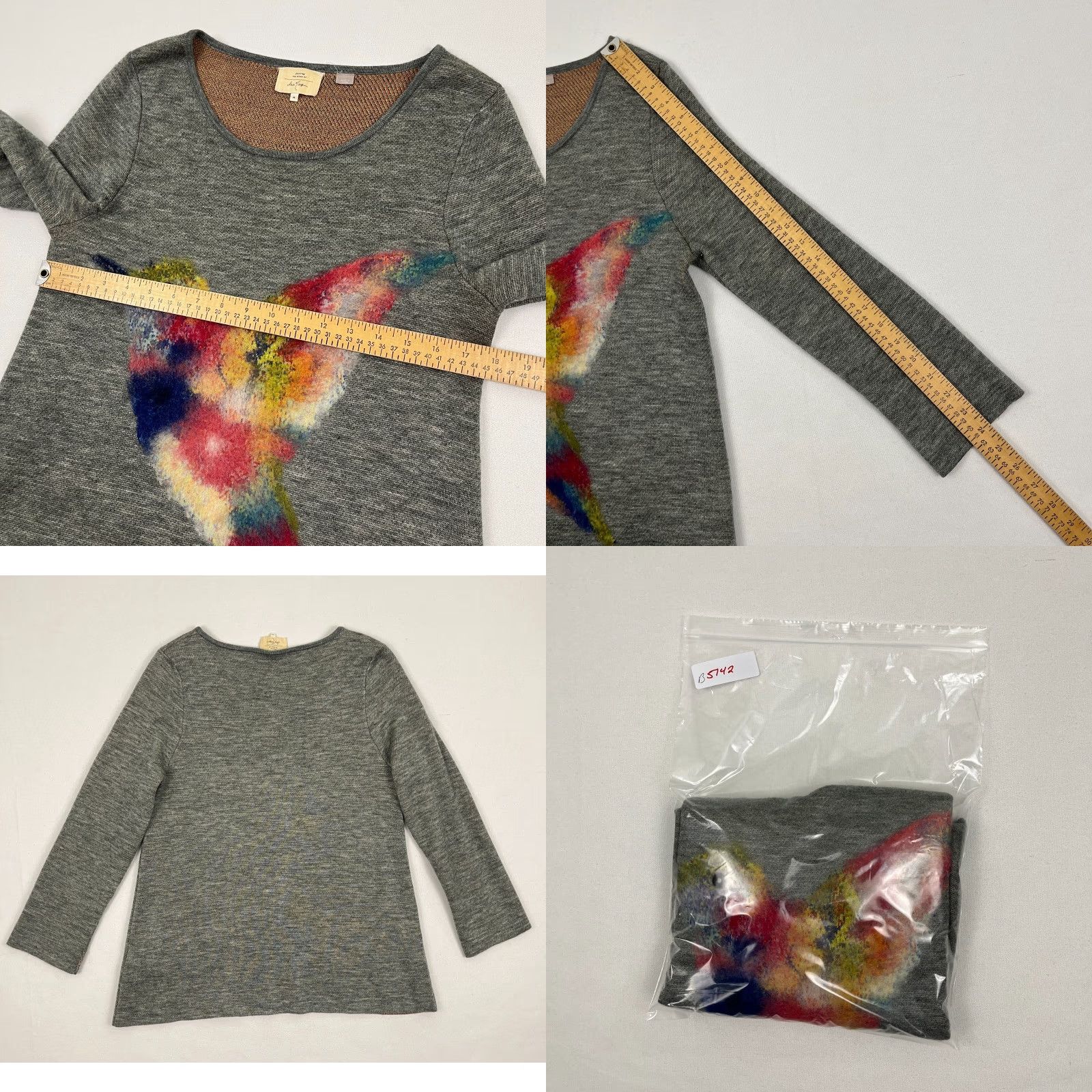 Anthropologie VINTAGE Anthropologie Starla Hoffman Sweater Womens M Gray Felted Wool Hummingbird Artsy Size M / US 6-8 / IT 42-44 - 8 Thumbnail